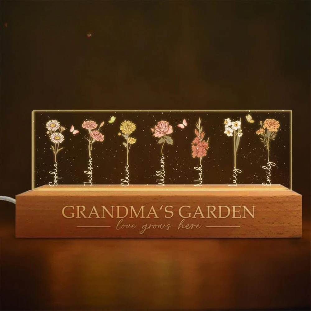 Personalized Grandma Garden Birth Month Flower LED Night Light