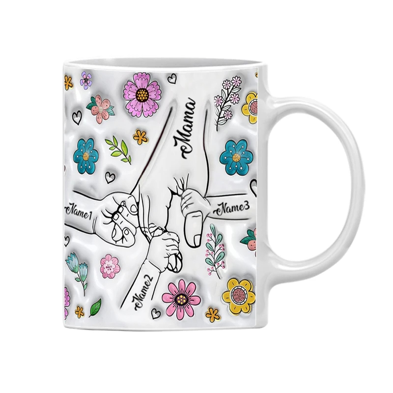 Personalized Family Name Flower Themed Mug With Holding Hands Design
