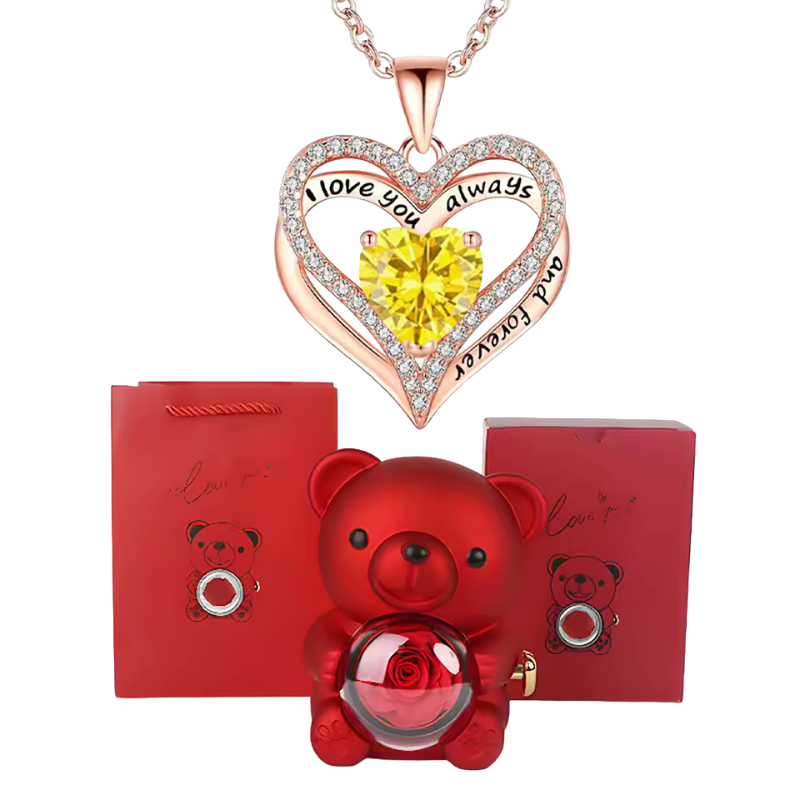 Elegant Crystal Pendant Necklace With Rose Bear Gift Box