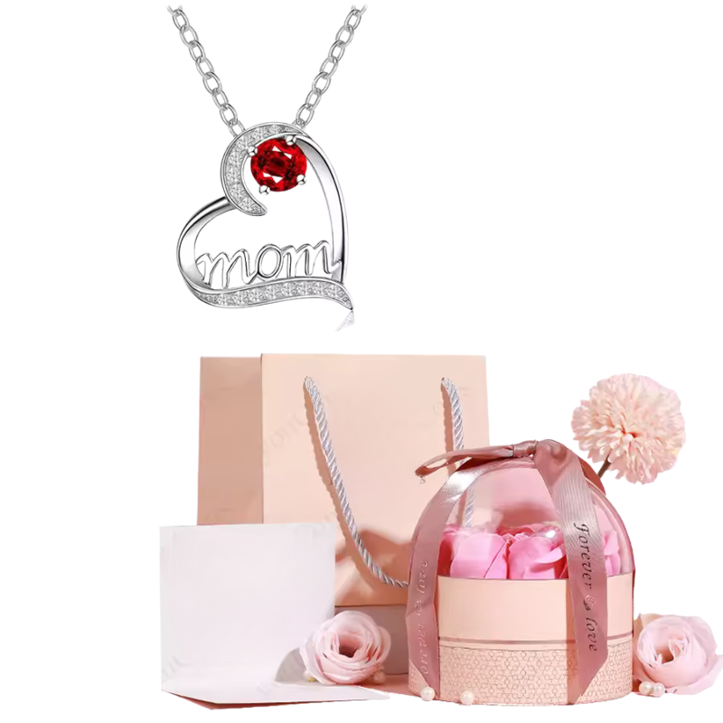 Mom Pendant Necklace With Rose Flower Gift Box Jewelry Set