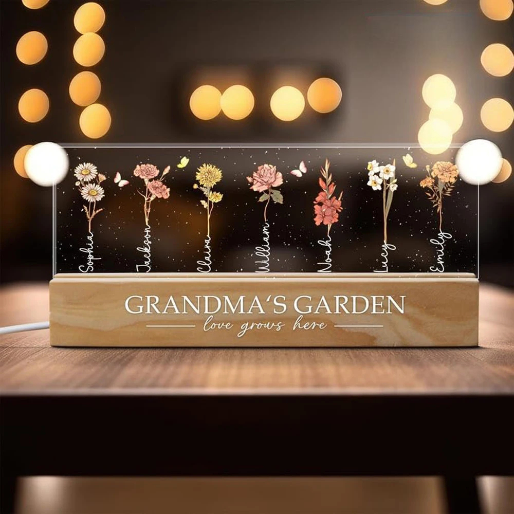 Personalized Grandma Garden Birth Month Flower LED Night Light