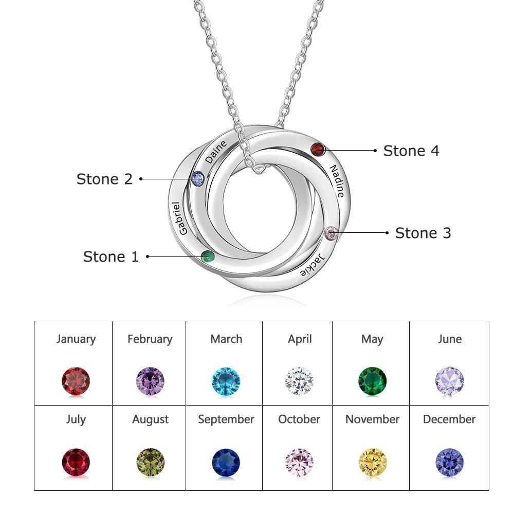 4 Custom Birthstone Intertwined Pendant, Personalized 4 Name Engraving Necklace for Women - Personalized Jewel