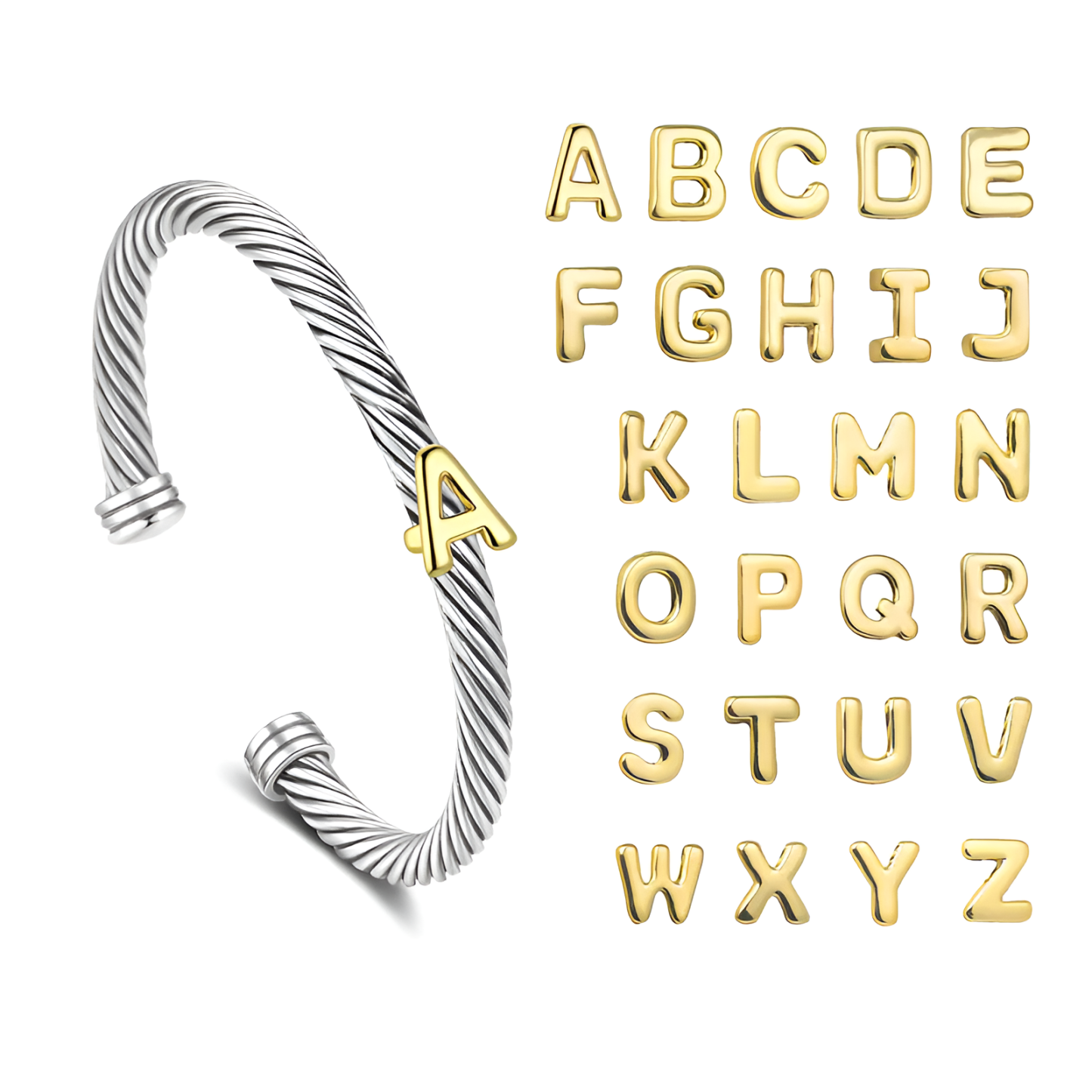 Initial Personalized Customization DIY A-Z Letter Cable Cuff Jewelry Personalized Christmas Gift for Women, Two-Tone Open Bangle Bracelet