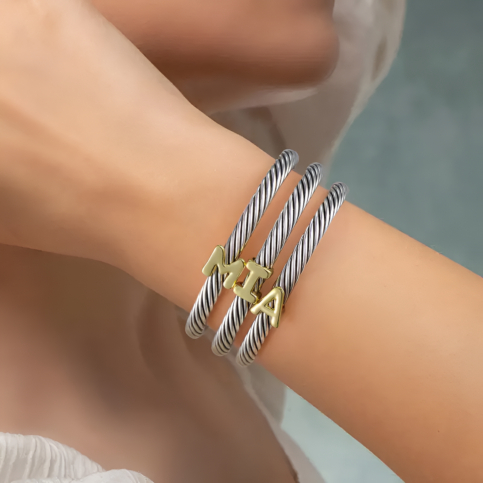 Initial Personalized Customization DIY A-Z Letter Cable Cuff Jewelry Personalized Christmas Gift for Women, Two-Tone Open Bangle Bracelet