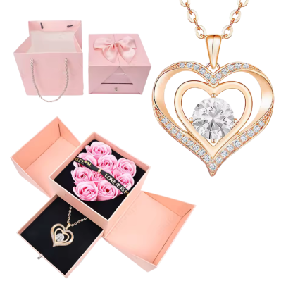 Stylish Pendant Necklace With Rose Gift Box Women Jewelry Set