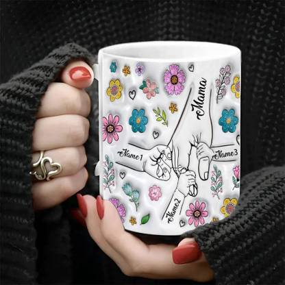 Personalized Family Name Flower Themed Mug With Holding Hands Design