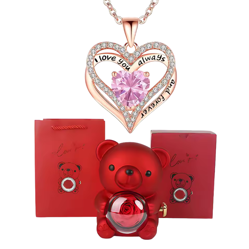 Elegant Crystal Pendant Necklace With Rose Bear Gift Box
