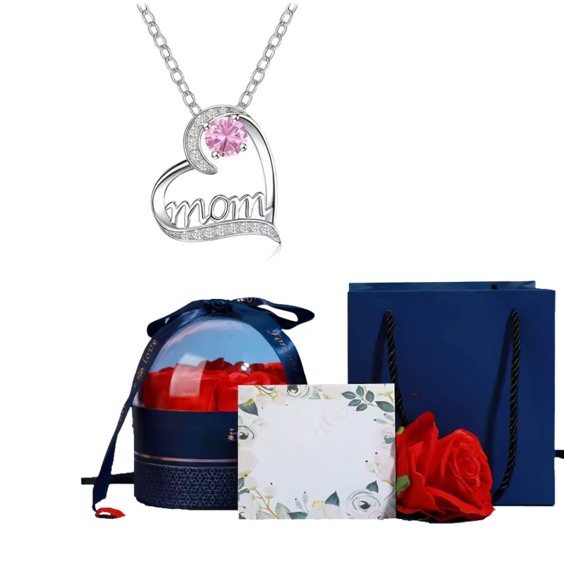 Mom Pendant Necklace With Rose Flower Gift Box Jewelry Set