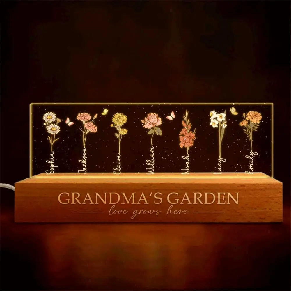 Personalized Grandma Garden Birth Month Flower LED Night Light