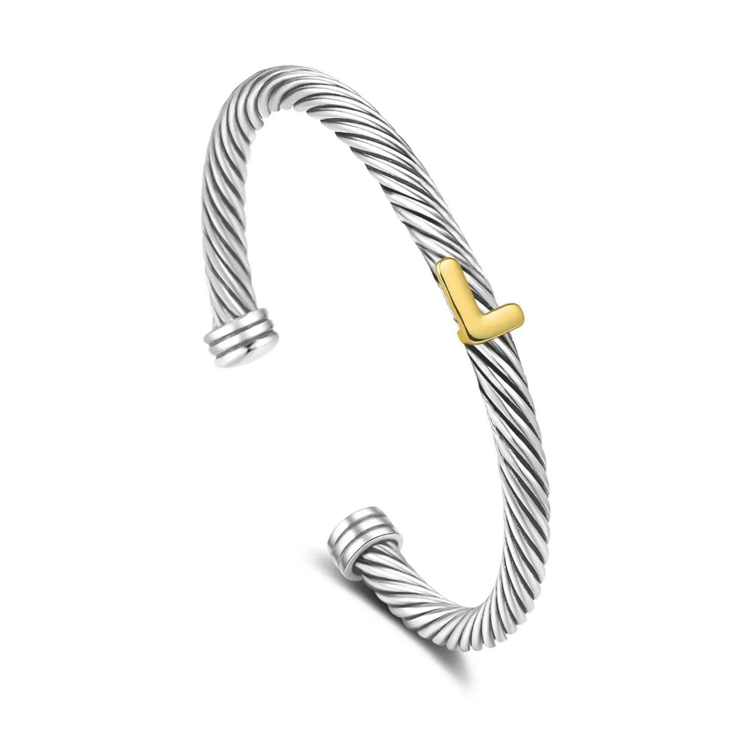 Initial Personalized Customization DIY A-Z Letter Cable Cuff Jewelry Personalized Christmas Gift for Women, Two-Tone Open Bangle Bracelet