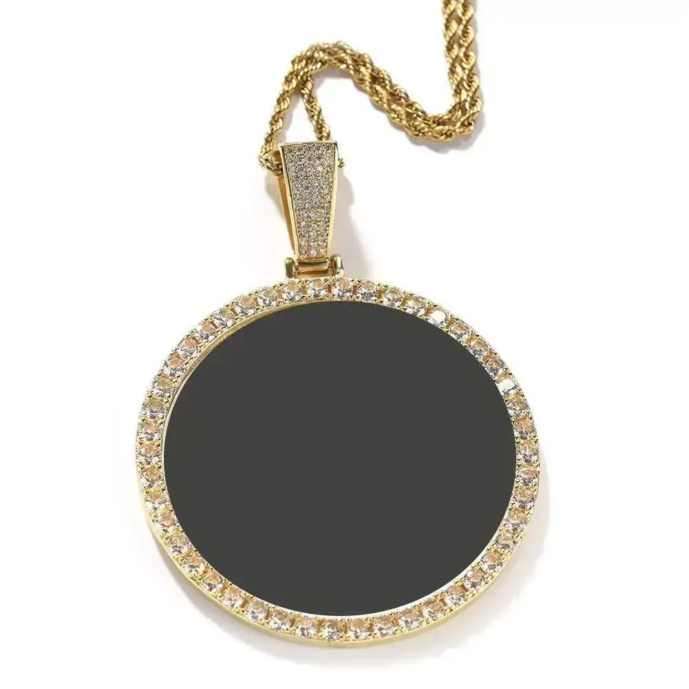 18K Gold Vacuum Plated Copper with 5A+ Sri Lanka Zircon Personalized DIY Custom Memory Round Colorful Photo Design Pendant With Necklace Miami Italy Mexico & Micro Inspired for Women & Men Luxury Jewelry,Daily