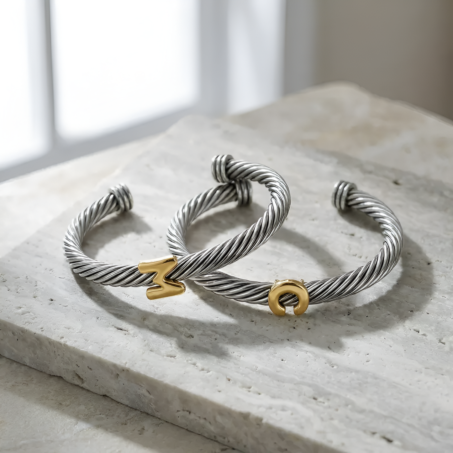 Initial Personalized Customization DIY A-Z Letter Cable Cuff Jewelry Personalized Christmas Gift for Women, Two-Tone Open Bangle Bracelet