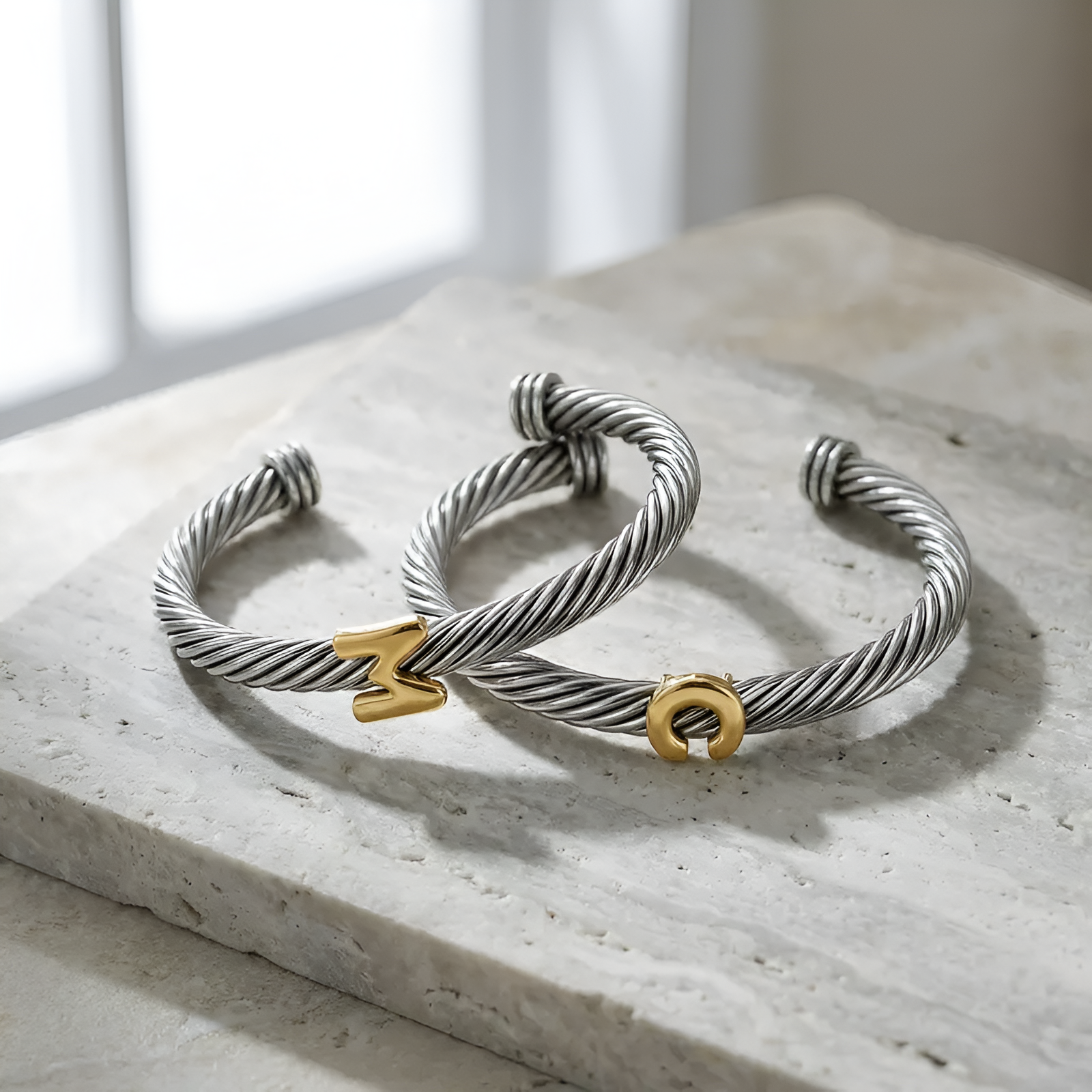 Initial Personalized Customization DIY A-Z Letter Cable Cuff Jewelry Personalized Christmas Gift for Women, Two-Tone Open Bangle Bracelet