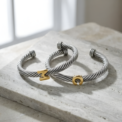 Initial Personalized Customization DIY A-Z Letter Cable Cuff Jewelry Personalized Christmas Gift for Women, Two-Tone Open Bangle Bracelet