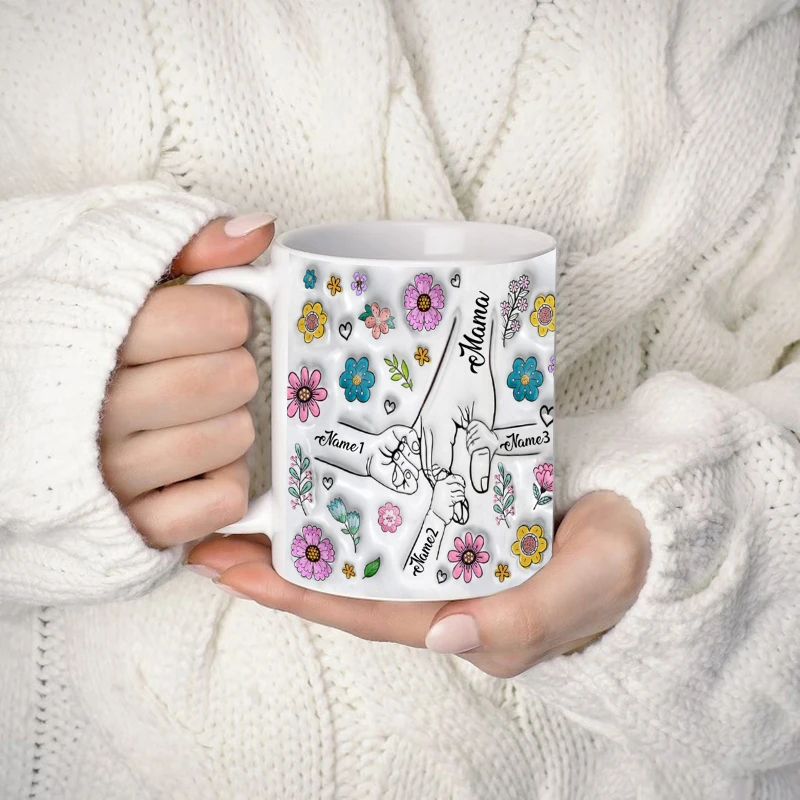 Personalized Family Name Flower Themed Mug With Holding Hands Design