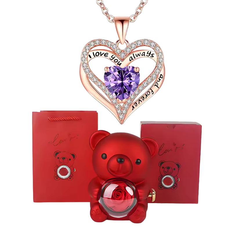 Elegant Crystal Pendant Necklace With Rose Bear Gift Box
