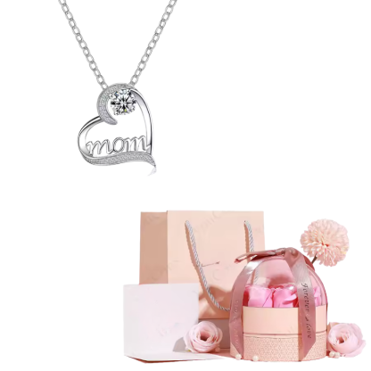 Mom Pendant Necklace With Rose Flower Gift Box Jewelry Set