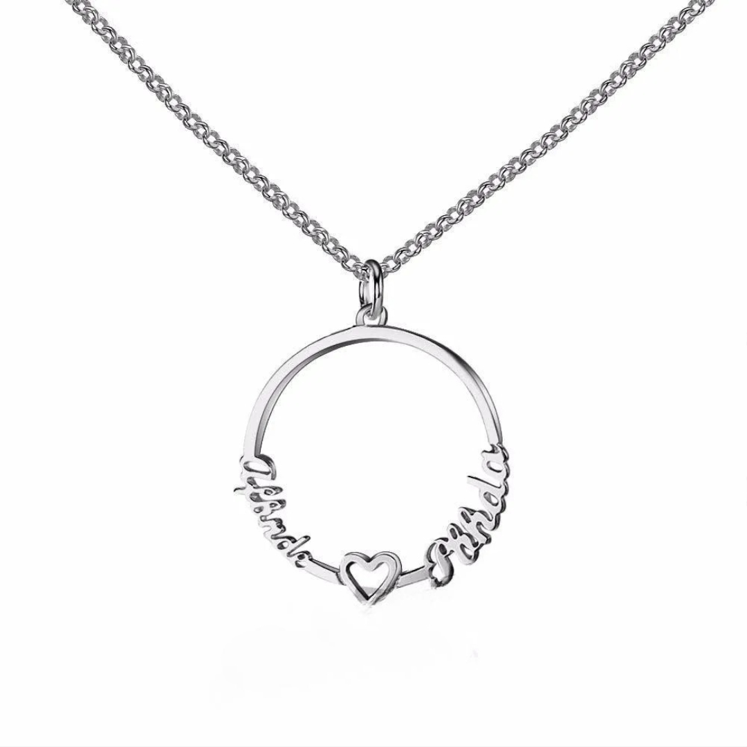 Plated Silver Jewelry- Silver Jewelry for Women- 2-Name Customizable Silver Jewelry- Beautiful Circle Necklace with Heart