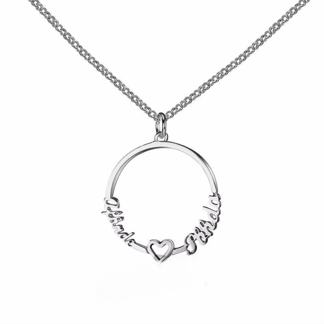Plated Silver Jewelry- Silver Jewelry for Women- 2-Name Customizable Silver Jewelry- Beautiful Circle Necklace with Heart