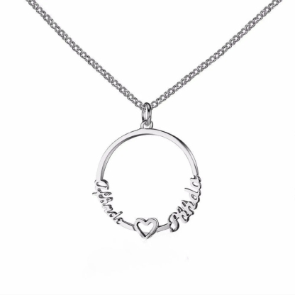 Plated Silver Jewelry- Silver Jewelry for Women- 2-Name Customizable Silver Jewelry- Beautiful Circle Necklace with Heart