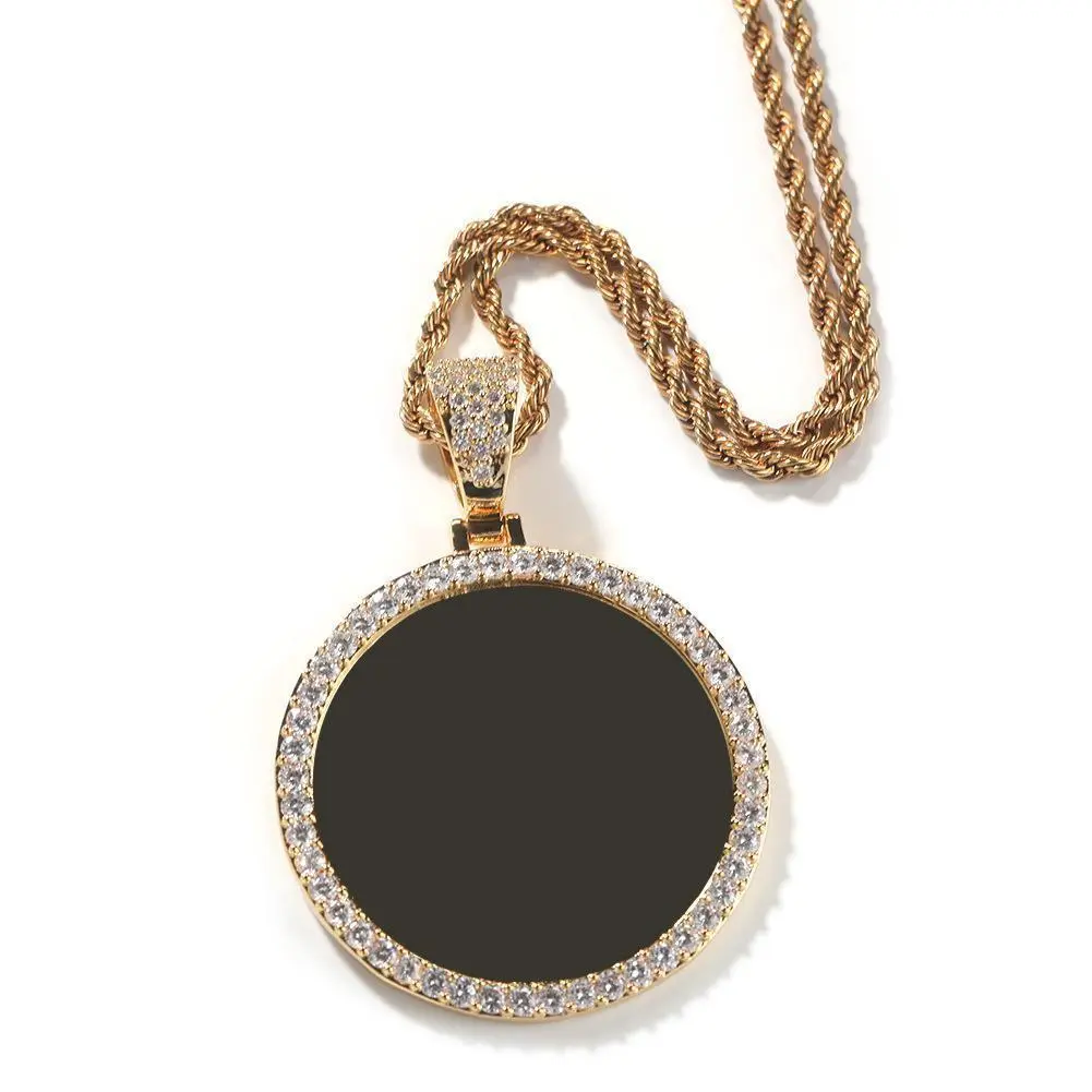 18K Gold Vacuum Plated Copper with 5A+ Sri Lanka Zircon Personalized DIY Custom Memory Round Colorful Photo Design Pendant With Necklace Miami Italy Mexico & Micro Inspired for Women & Men Luxury Jewelry,Daily