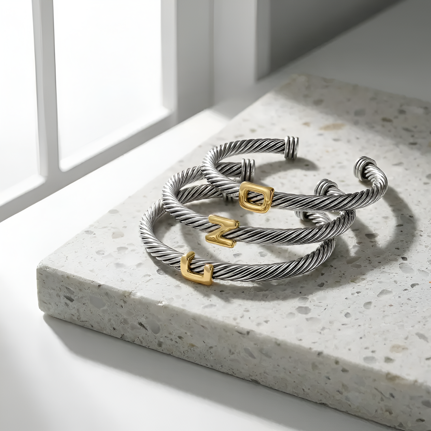 Initial Personalized Customization DIY A-Z Letter Cable Cuff Jewelry Personalized Christmas Gift for Women, Two-Tone Open Bangle Bracelet