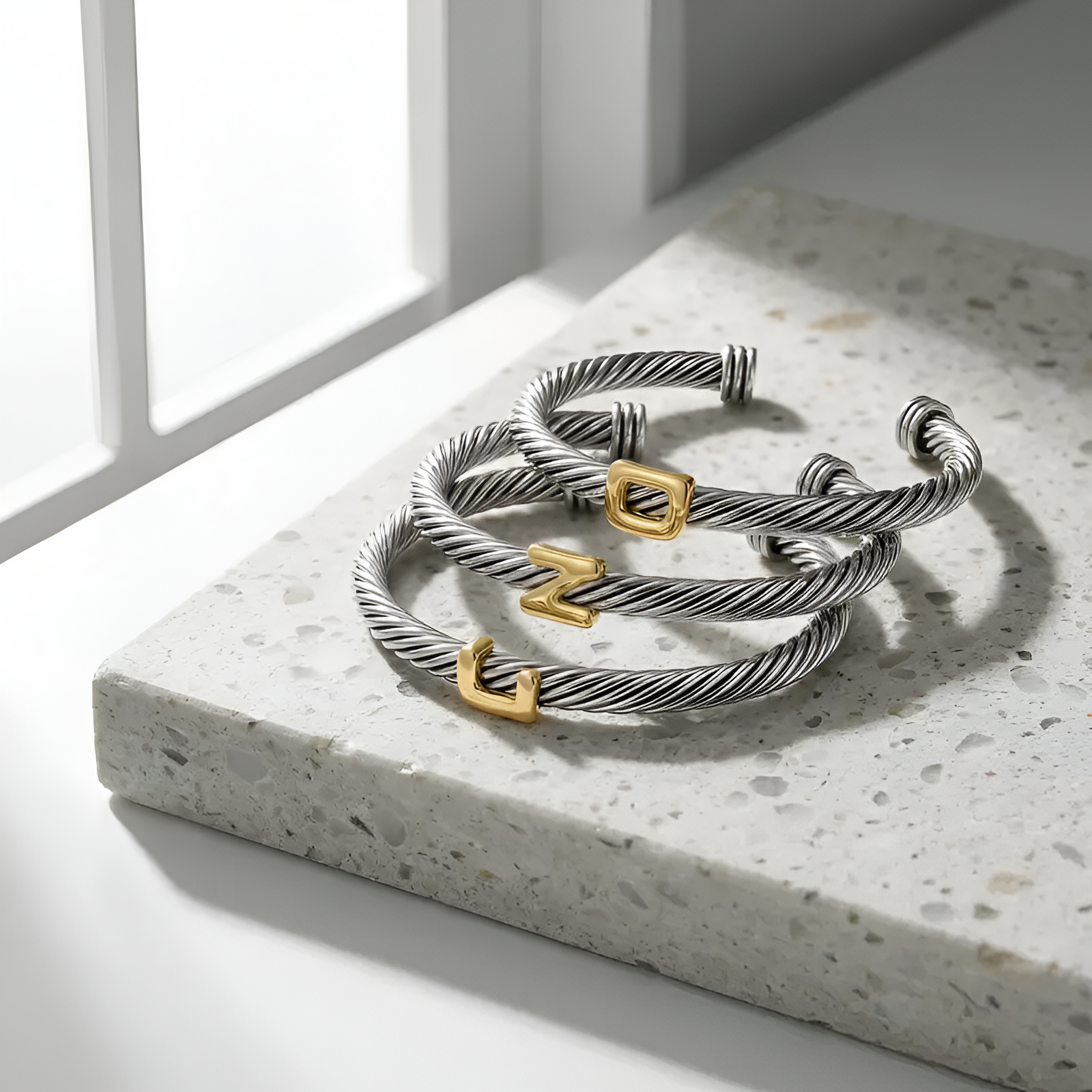 Initial Personalized Customization DIY A-Z Letter Cable Cuff Jewelry Personalized Christmas Gift for Women, Two-Tone Open Bangle Bracelet