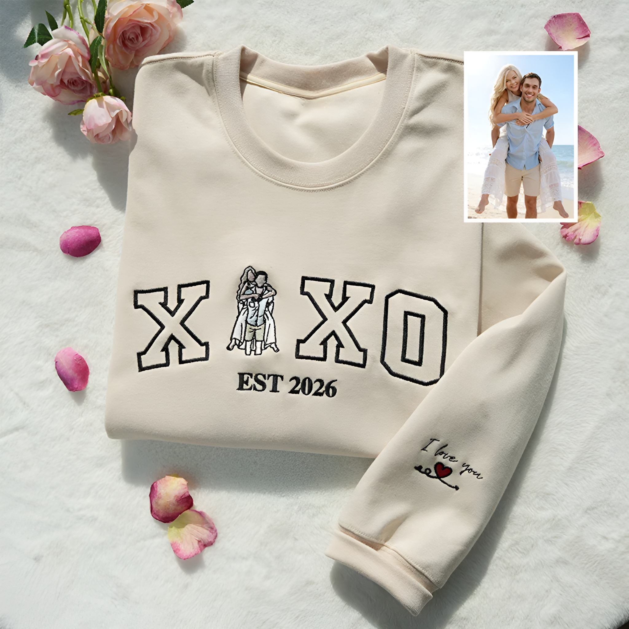 Personalized Photo Couple EST Year Embroidered Sweatshirt And Hoodie