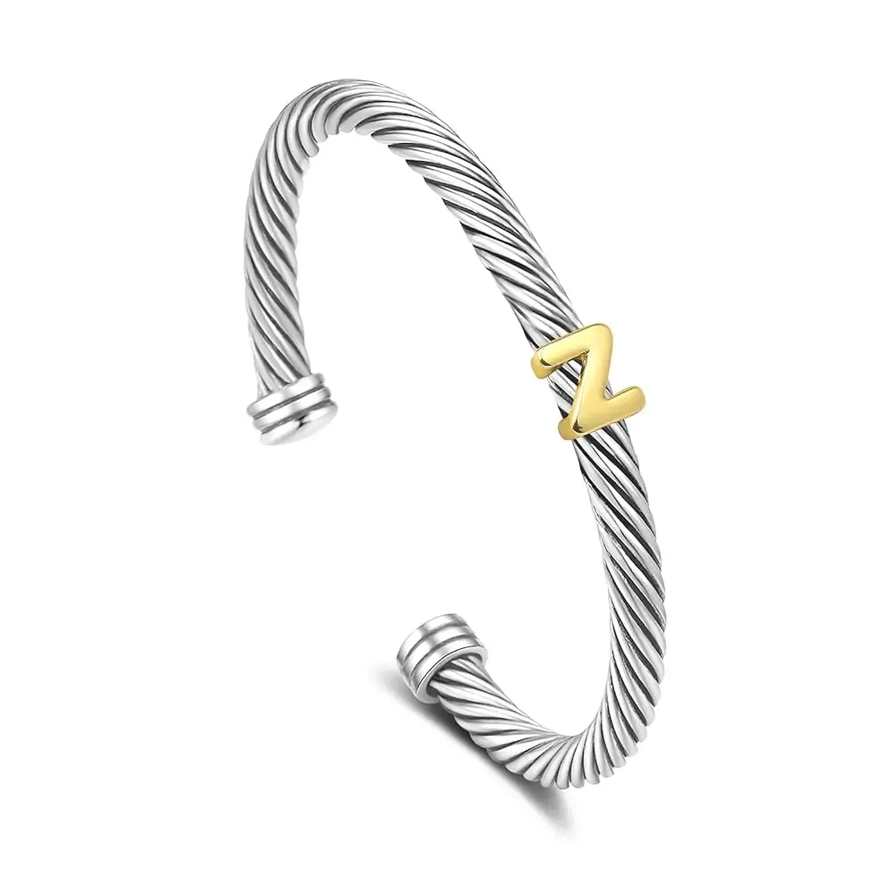 Initial Personalized Customization DIY A-Z Letter Cable Cuff Jewelry Personalized Christmas Gift for Women, Two-Tone Open Bangle Bracelet