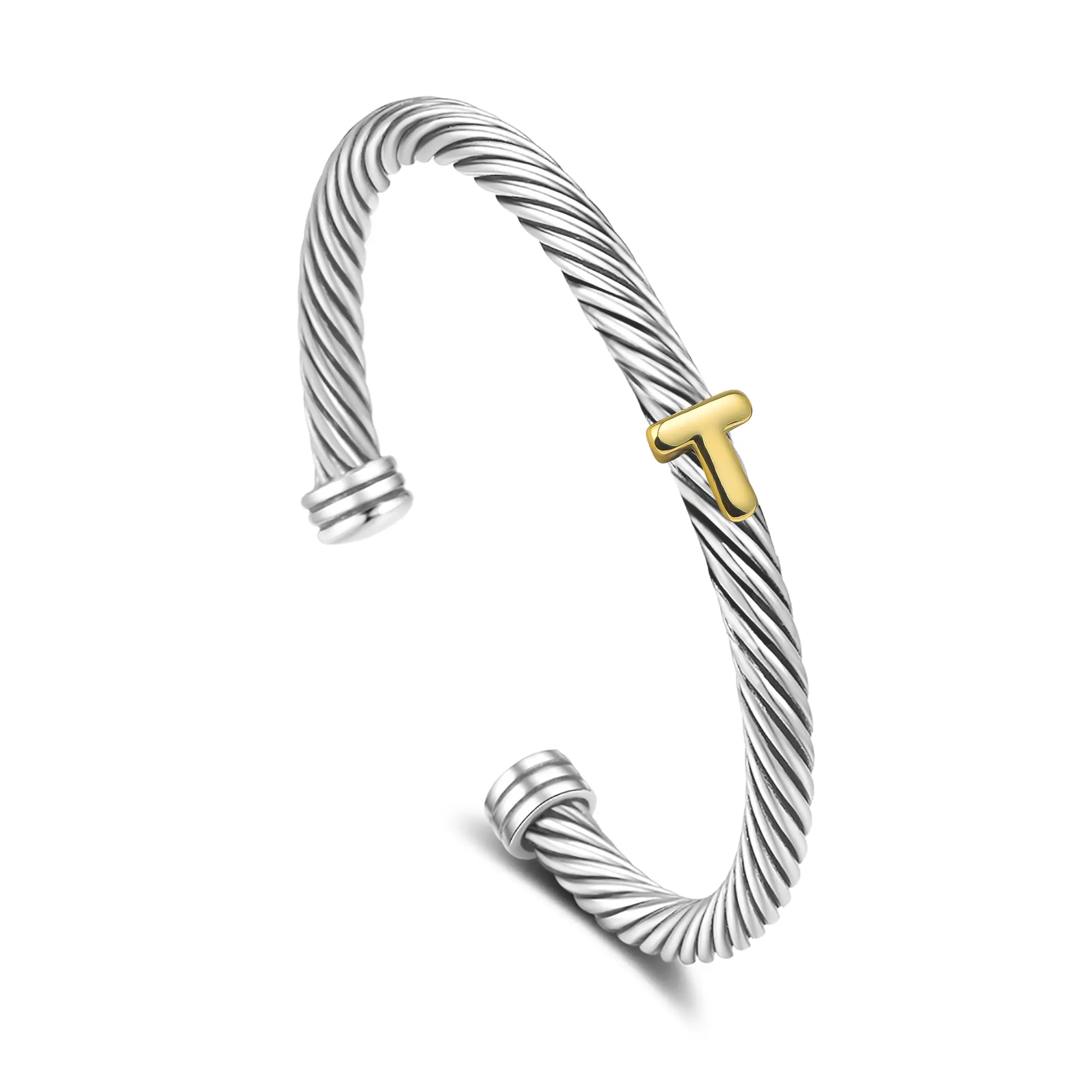 Initial Personalized Customization DIY A-Z Letter Cable Cuff Jewelry Personalized Christmas Gift for Women, Two-Tone Open Bangle Bracelet