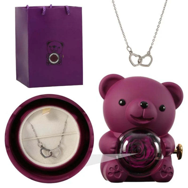 Personalized Rose Bear With Engraved Necklace Charm-Personalized Jewels
