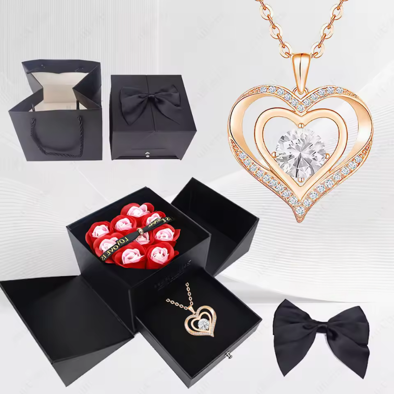 Stylish Pendant Necklace With Rose Gift Box Women Jewelry Set