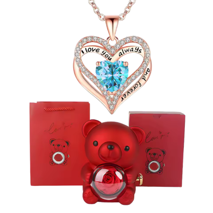 Elegant Crystal Pendant Necklace With Rose Bear Gift Box