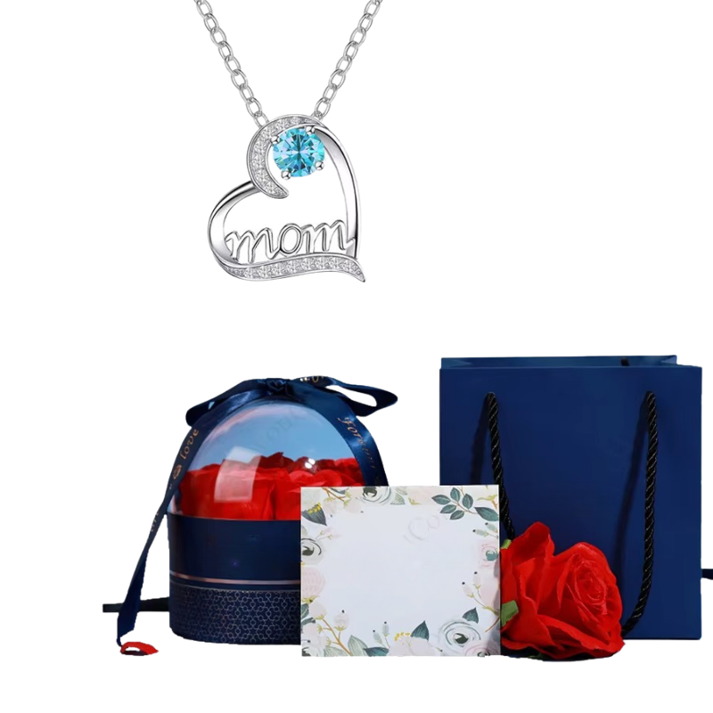 Mom Pendant Necklace With Rose Flower Gift Box Jewelry Set