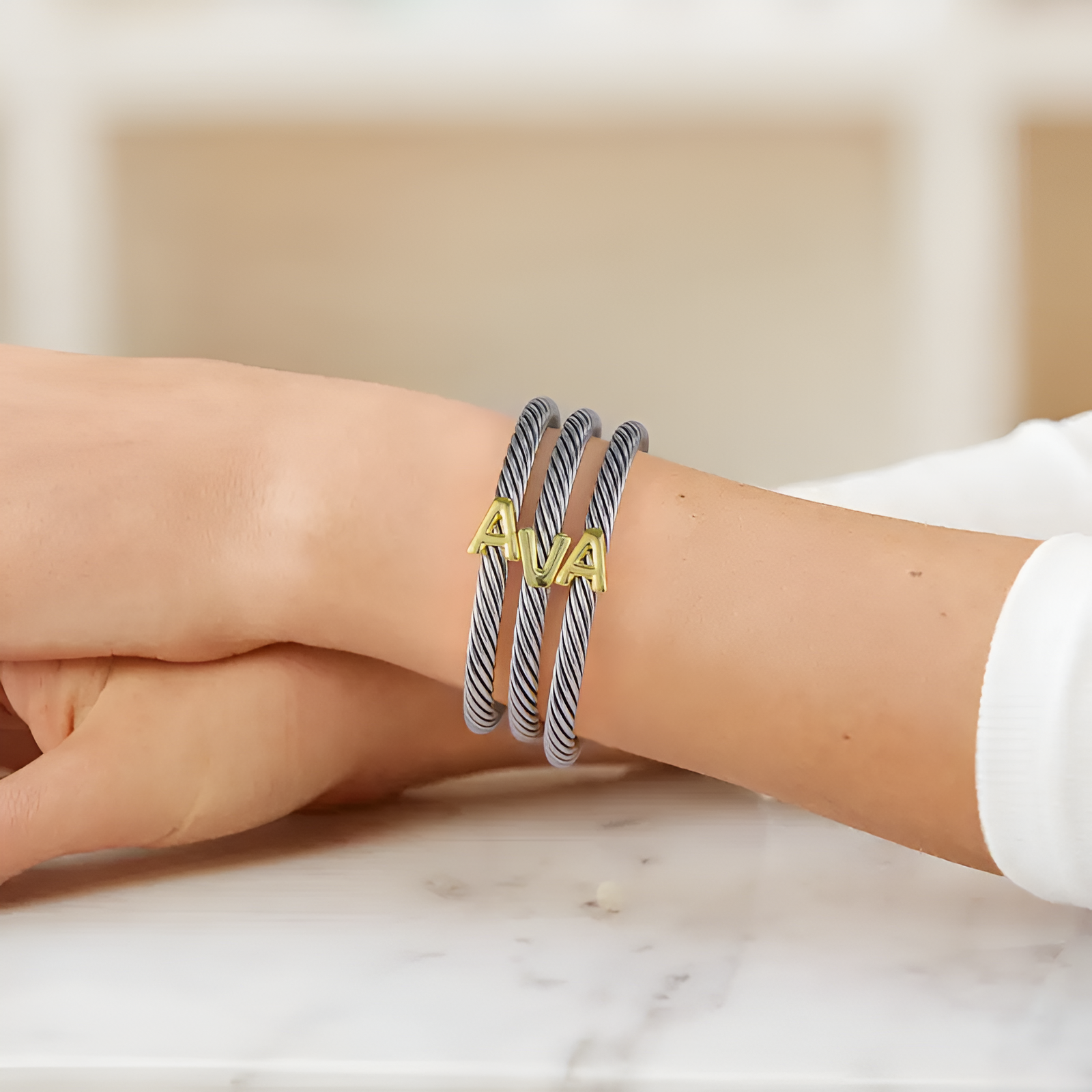 Initial Personalized Customization DIY A-Z Letter Cable Cuff Jewelry Personalized Christmas Gift for Women, Two-Tone Open Bangle Bracelet