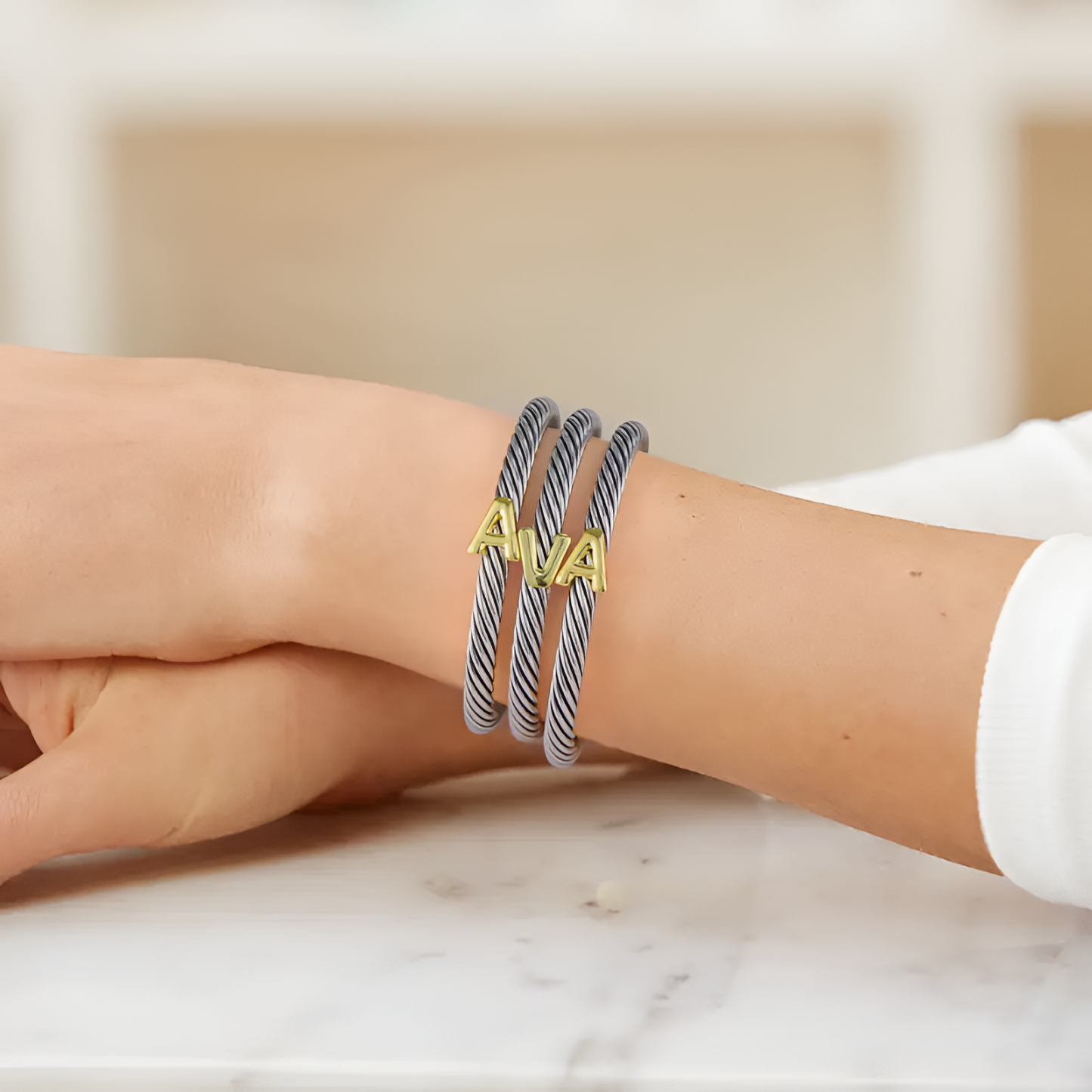 Initial Personalized Customization DIY A-Z Letter Cable Cuff Jewelry Personalized Christmas Gift for Women, Two-Tone Open Bangle Bracelet