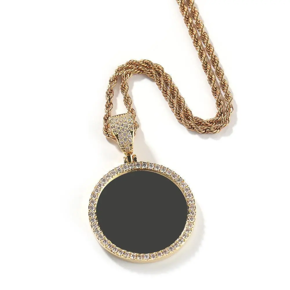 18K Gold Vacuum Plated Copper with 5A+ Sri Lanka Zircon Personalized DIY Custom Memory Round Colorful Photo Design Pendant With Necklace Miami Italy Mexico & Micro Inspired for Women & Men Luxury Jewelry,Daily