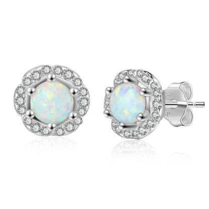 8m'm Flower Shape Milky Opal Stone 925 Sterling Silver Stud Earring Fashion Women Earrings Gift For Her - Personalized Jewel