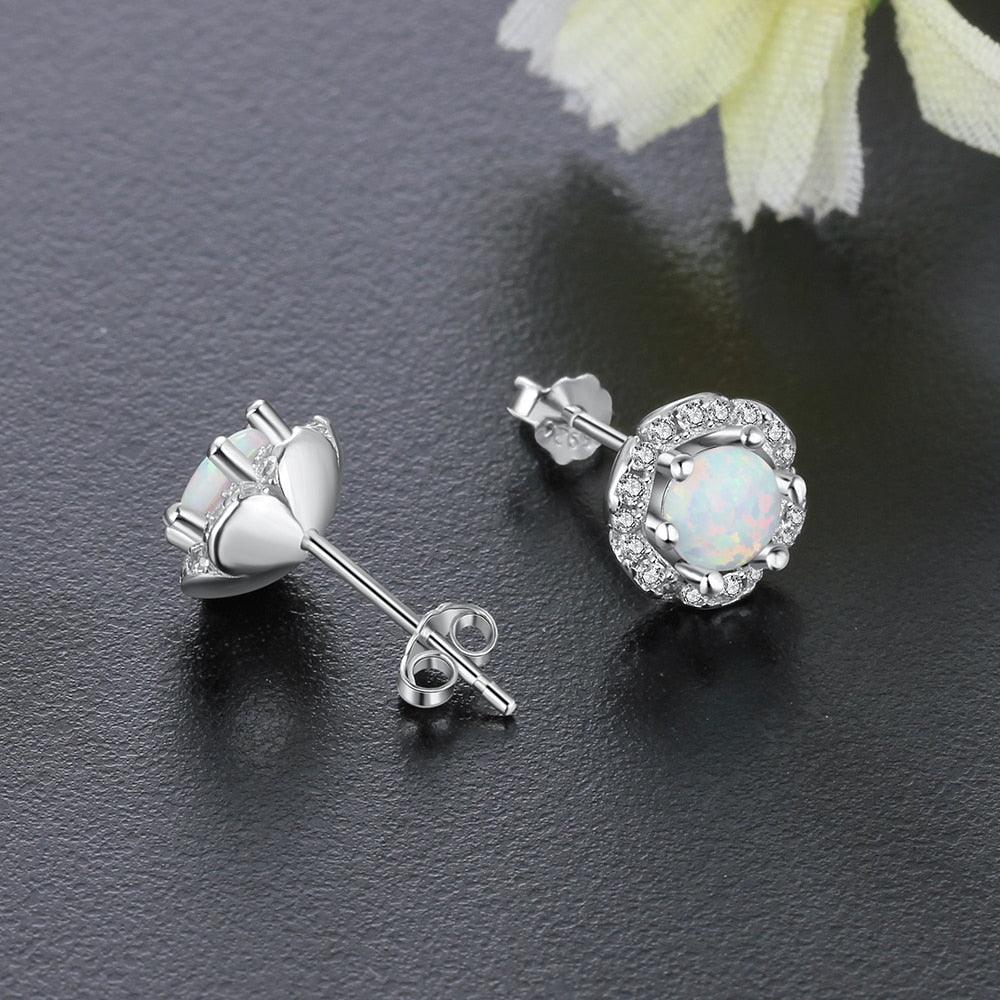 8m'm Flower Shape Milky Opal Stone 925 Sterling Silver Stud Earring Fashion Women Earrings Gift For Her - Personalized Jewel