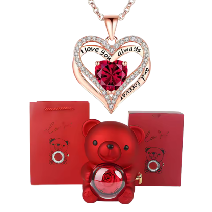 Elegant Crystal Pendant Necklace With Rose Bear Gift Box