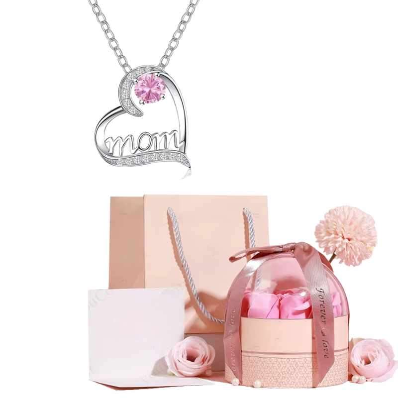 Mom Pendant Necklace With Rose Flower Gift Box Jewelry Set