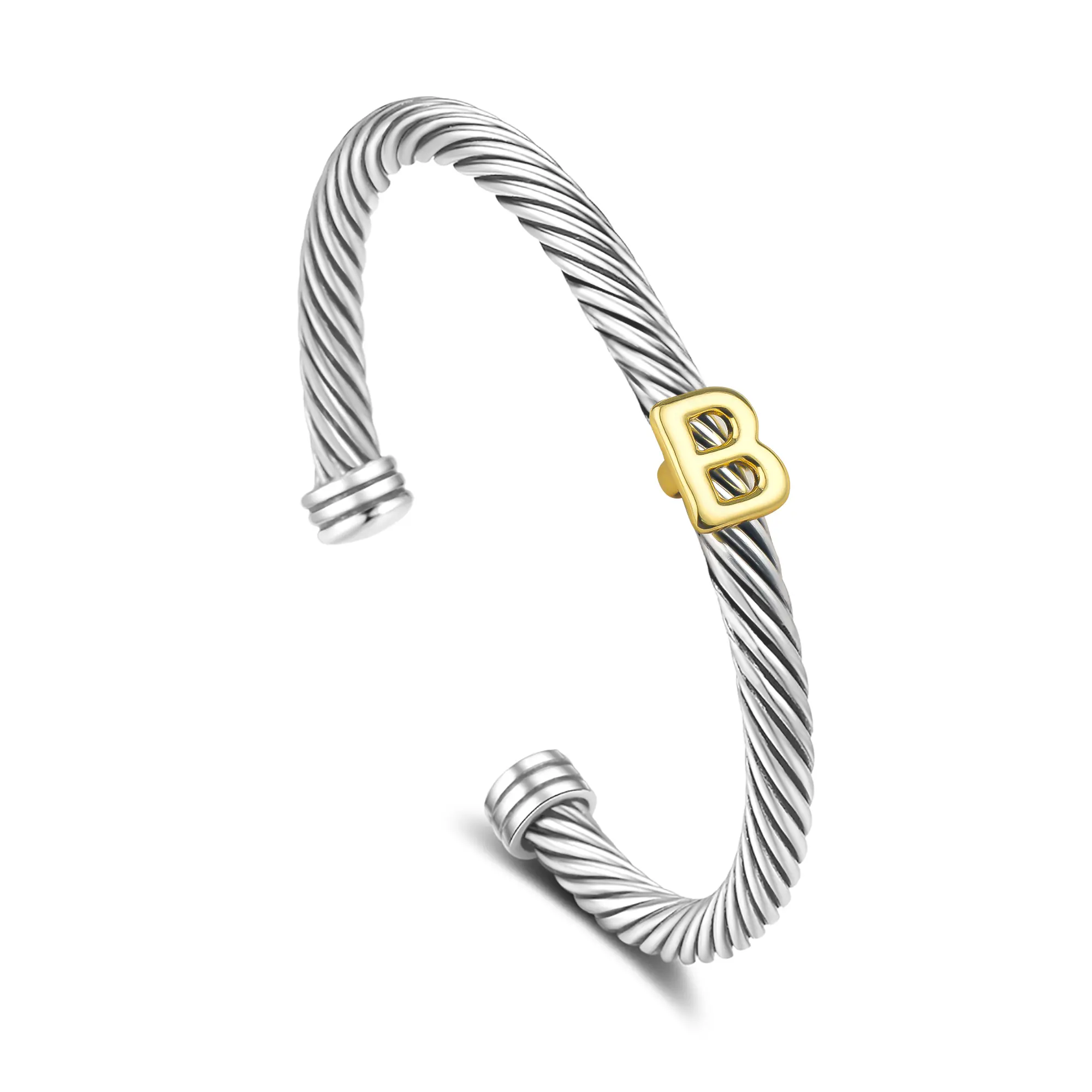 Initial Personalized Customization DIY A-Z Letter Cable Cuff Jewelry Personalized Christmas Gift for Women, Two-Tone Open Bangle Bracelet