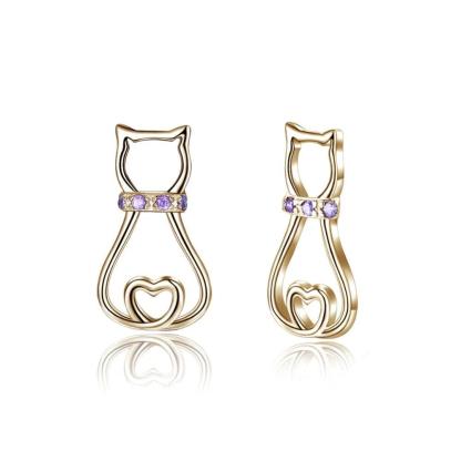 925 Silver Cat Silhouette Stud Earrings with Purple CZ Stone, Cute Cat Animal-shaped Jewelry, Trendy Fashion Gift for Women - Personalized Jewel