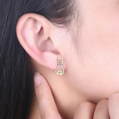 925 Silver Cat Silhouette Stud Earrings with Purple CZ Stone, Cute Cat Animal-shaped Jewelry, Trendy Fashion Gift for Women - Personalized Jewel