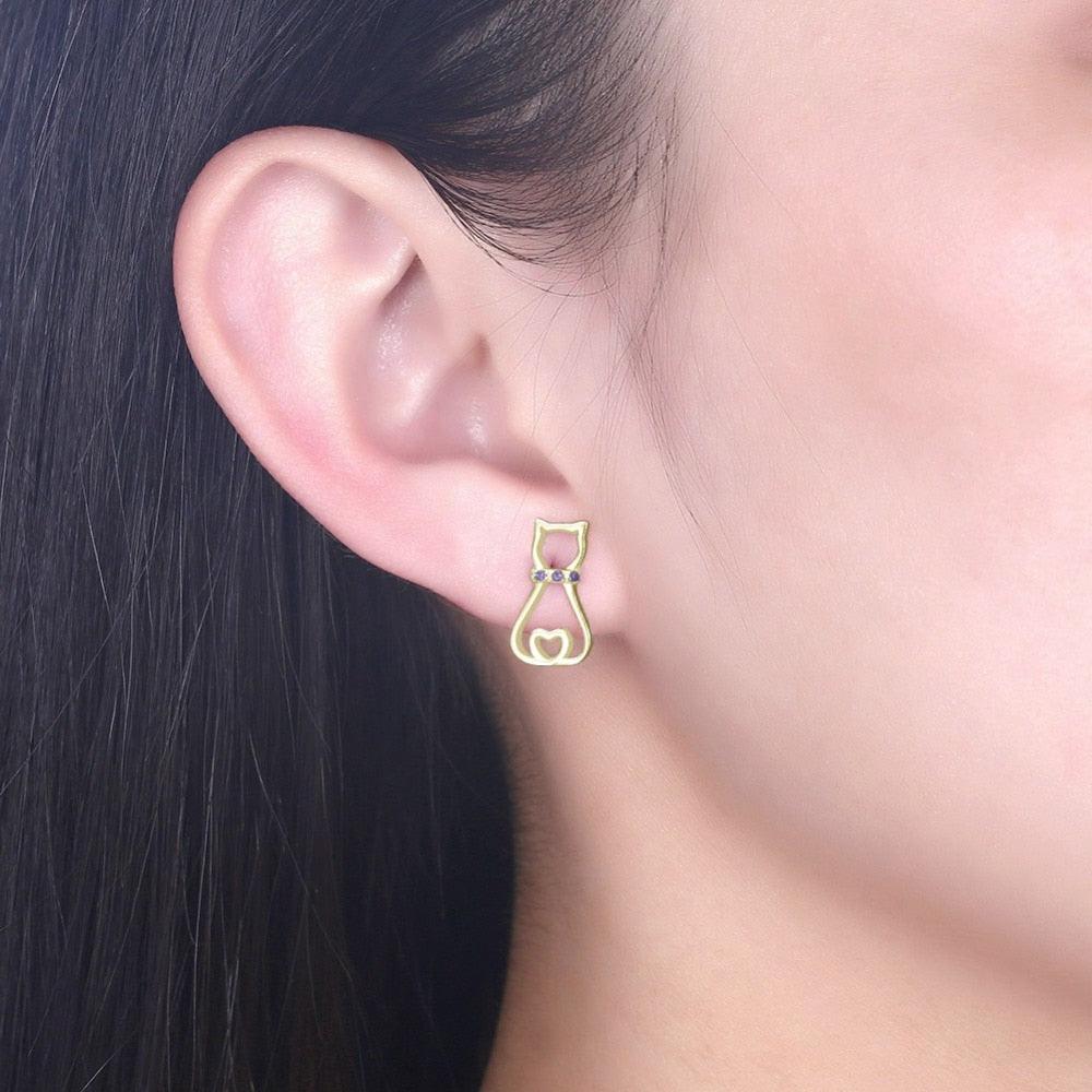 925 Silver Cat Silhouette Stud Earrings with Purple CZ Stone, Cute Cat Animal-shaped Jewelry, Trendy Fashion Gift for Women - Personalized Jewel