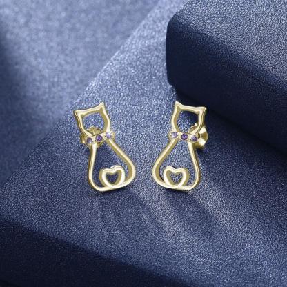 925 Silver Cat Silhouette Stud Earrings with Purple CZ Stone, Cute Cat Animal-shaped Jewelry, Trendy Fashion Gift for Women - Personalized Jewel