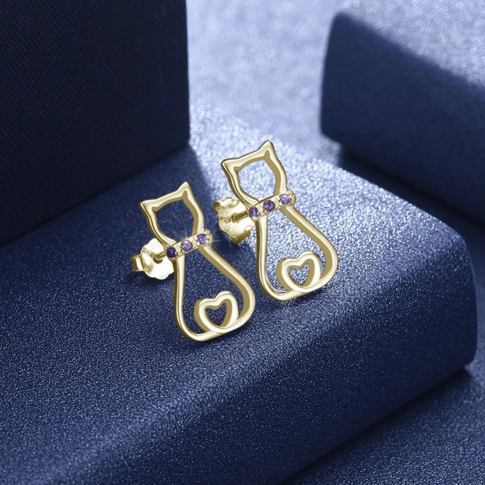 925 Silver Cat Silhouette Stud Earrings with Purple CZ Stone, Cute Cat Animal-shaped Jewelry, Trendy Fashion Gift for Women - Personalized Jewel