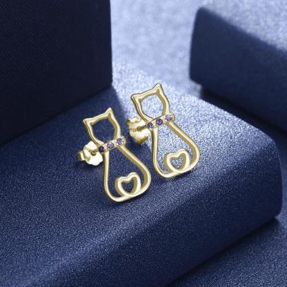 925 Silver Cat Silhouette Stud Earrings with Purple CZ Stone, Cute Cat Animal-shaped Jewelry, Trendy Fashion Gift for Women - Personalized Jewel