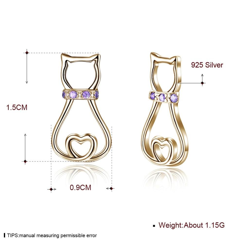 925 Silver Cat Silhouette Stud Earrings with Purple CZ Stone, Cute Cat Animal-shaped Jewelry, Trendy Fashion Gift for Women - Personalized Jewel