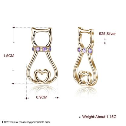 925 Silver Cat Silhouette Stud Earrings with Purple CZ Stone, Cute Cat Animal-shaped Jewelry, Trendy Fashion Gift for Women - Personalized Jewel